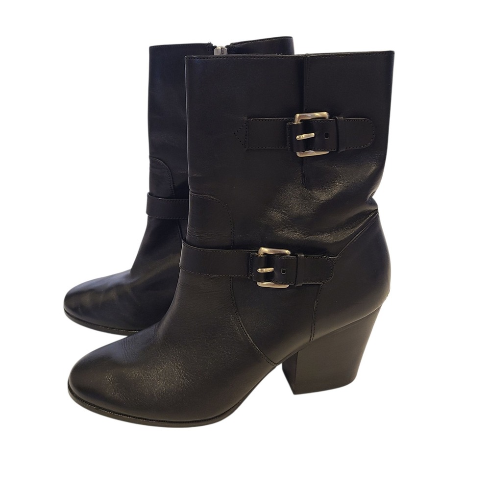 Michael Kors Black Leather 2 Buckle Mid Calf Boots Size 11‎ Block Heel Moto